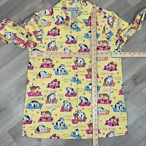 Chatterprintz Cats on Mats Button Up Shirt Yellow Small Long Sleeve - Picture 11 of 11